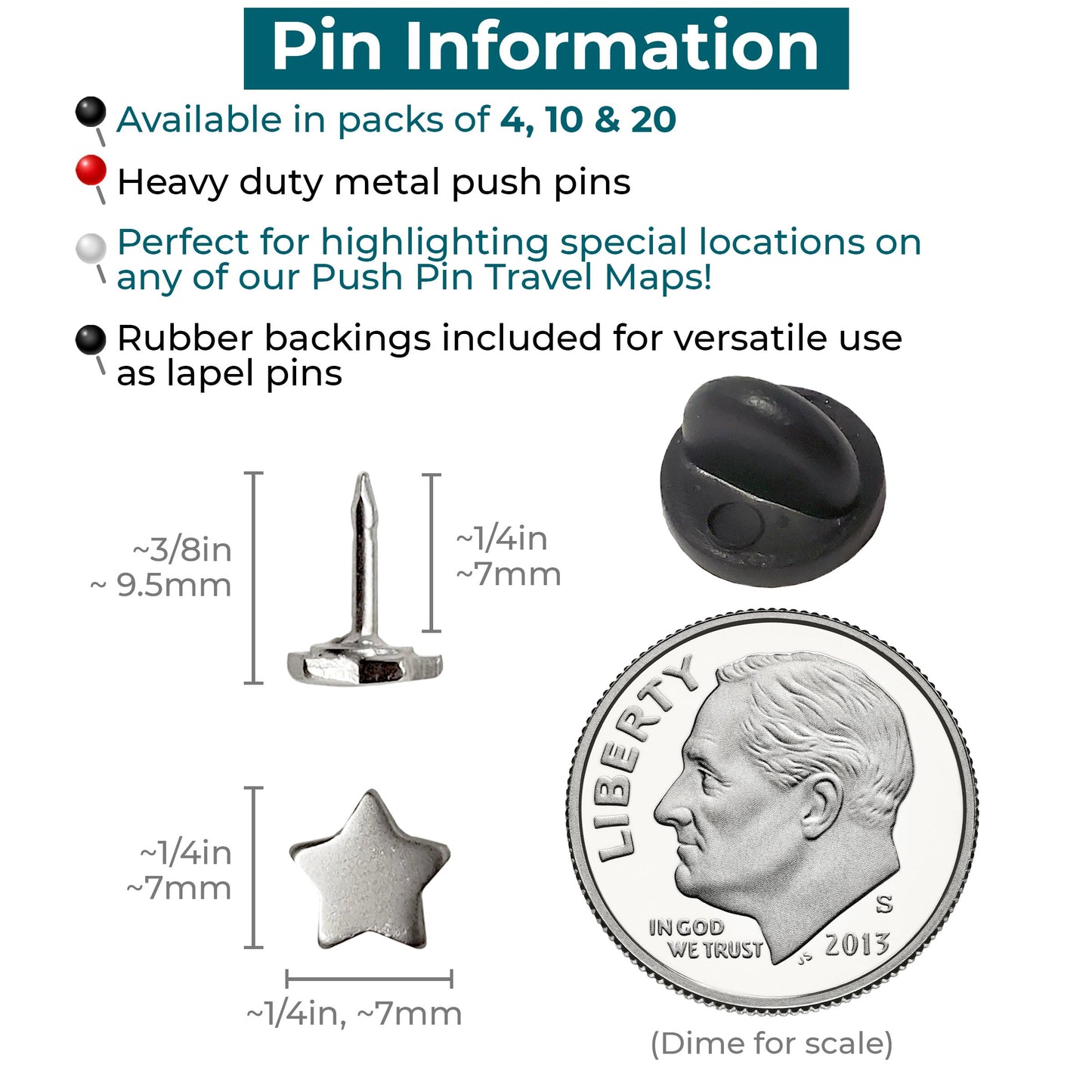 Mini Star Push Pins - Silver Mini Star Pins - for Cork Board, Maps, or Lapel Pin Use - Designed in USA - Set of 10