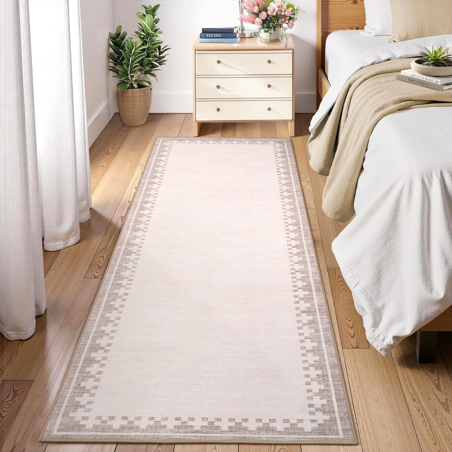GarveeHome 2x6 Washable Entryway Hallway Runner Rug with Non Slip Back Cross Bordered Low Pile Living Room Bedroom Bathroom Carpet Modern Geometric Neutral Indoor Rugs, Light Camel/Seashell