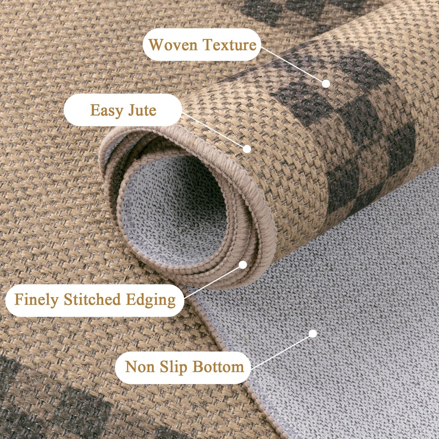 U'Artlines Long Hallway Runner Rug, 2'x8' Non Slip Washable Jute Kitchen Rug, Farmhouse Floor Carpet Runners for Kitchen, Entryway, Bathroom, Laundry Room, Indoor Home Decor(Checked)
