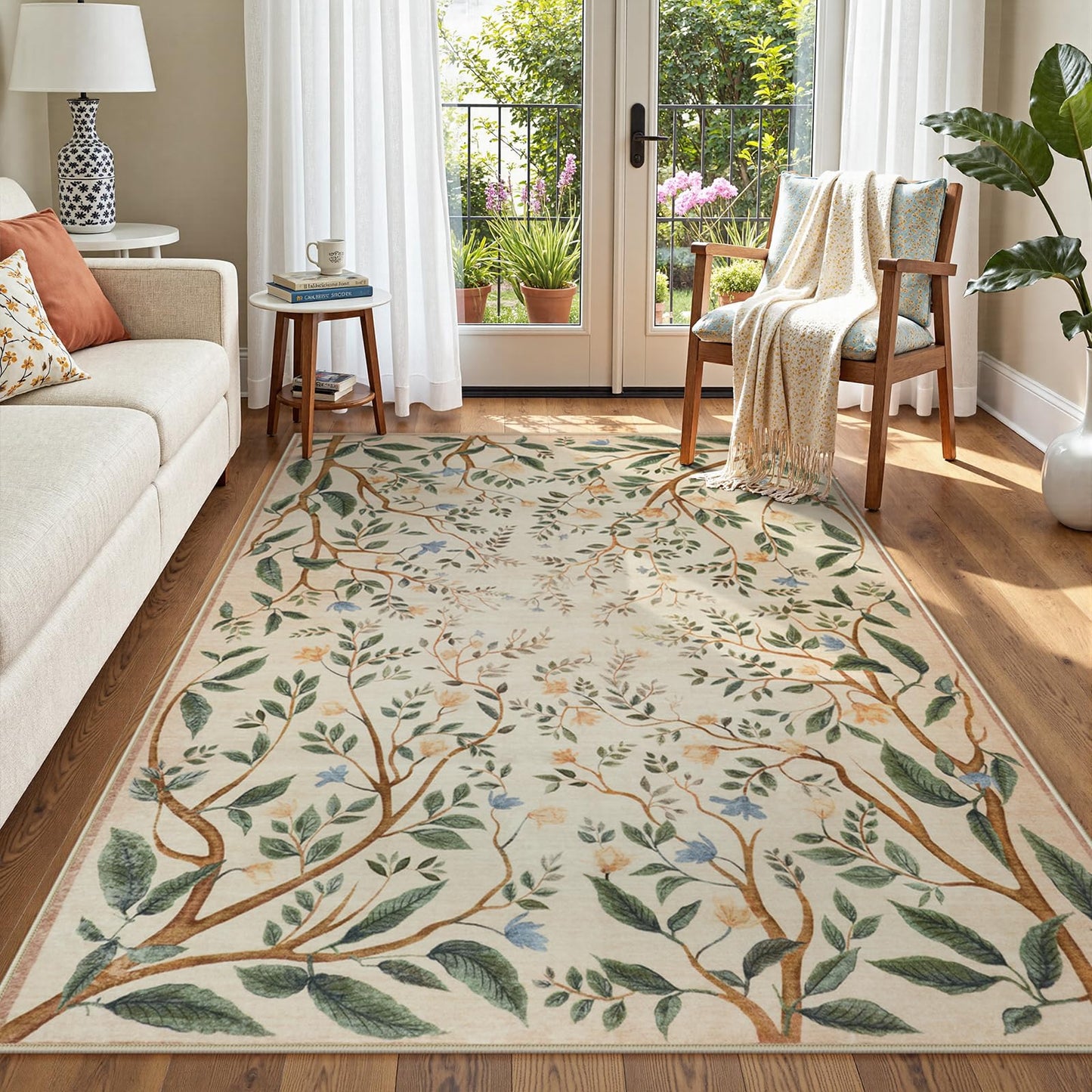 Collive Washable Area Rugs for Living Room, Beige 5x7 Bedroom Rug, Floral Forest Botanical Flourishing Vines Soft Non-Slip Stain Resistant Boho Carpet for Dining Room Office