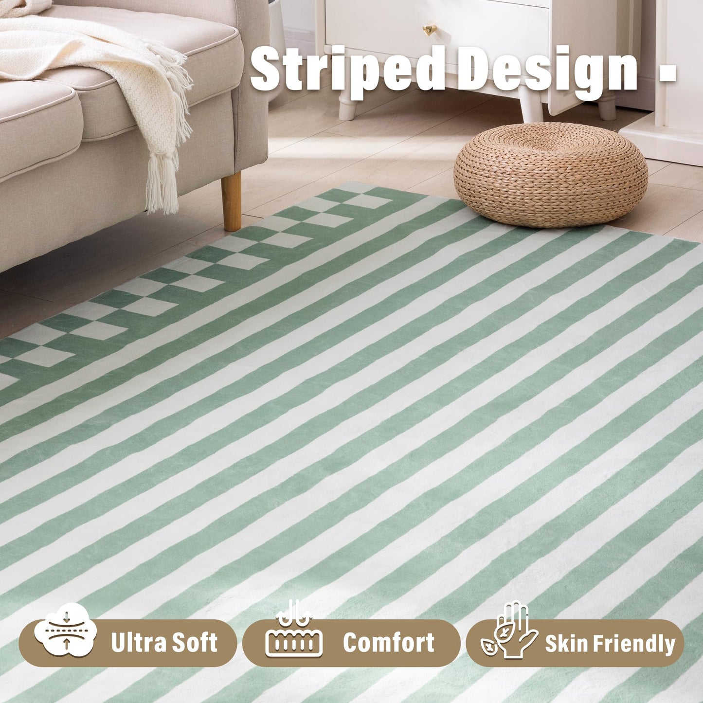 Carvapet 8x10 Area Rug - Green Striped Modern Large Carpet Low Pile, Non Slip Rubber Backing Easy Clean Foldable Big Thin Floor Mat for Living Room Bedroom