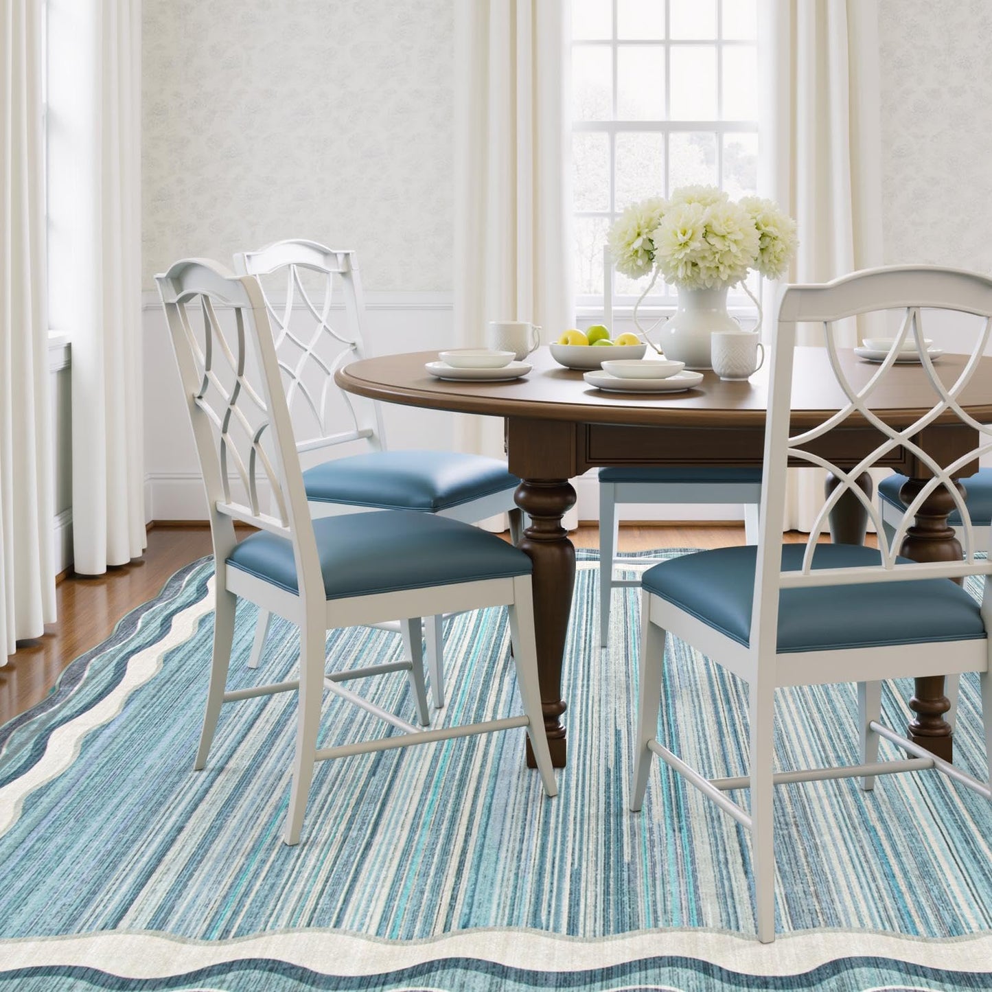 Lahome Estelle Scalloped 8x10 Area Rugs for Living Room, Washable Soft Blue Rug for Bedroom, Abstract Modern Non Slip Low Pile Indoor Carpet for Dining Room Home Office (Blue,8x10)