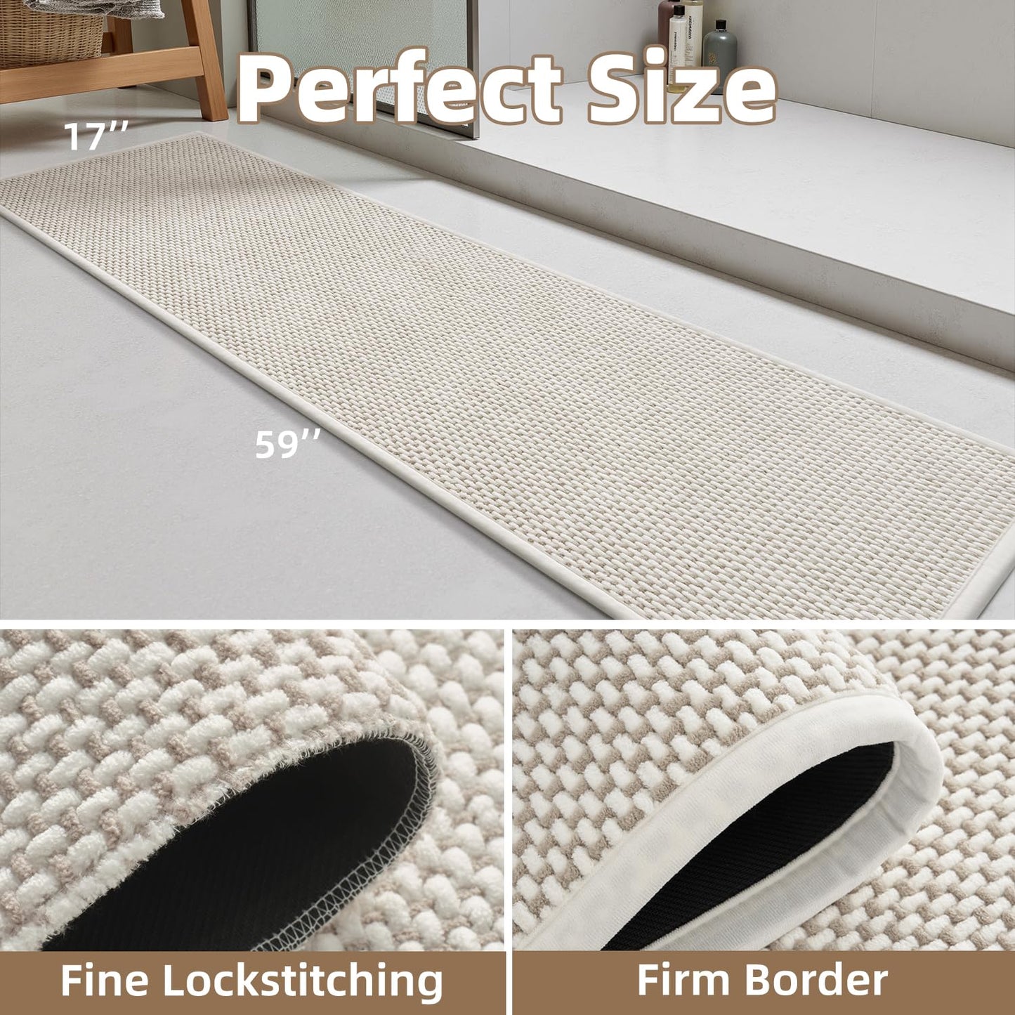 PADOOR-Bath Mat Runner-Super Absorbent Chenille Bathroom Mats-Rubber Backed Bath Mats for Bathroom Non Slip, Easy Clean Bathroom Runner Rugs Front of Bathtub,Shower Room,Sink-17×59, Beige&Cream