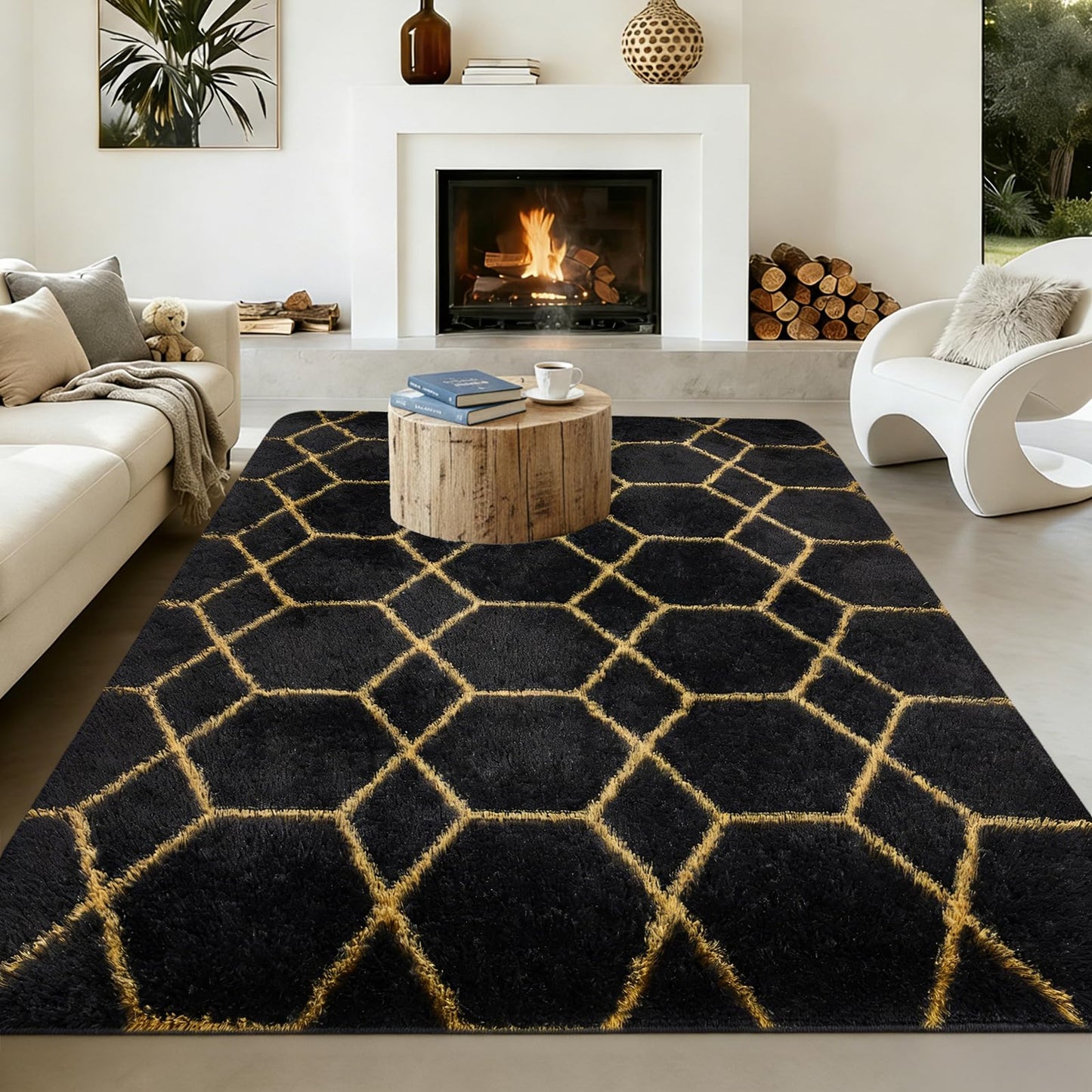 5x7 FT Soft Rug for Living Room, Geometric Shag Soft Area Rug, Classic Rug Anti-Skid High Pile Fluffy Carpet for Kids Room Nursery, Dorm Home Decor