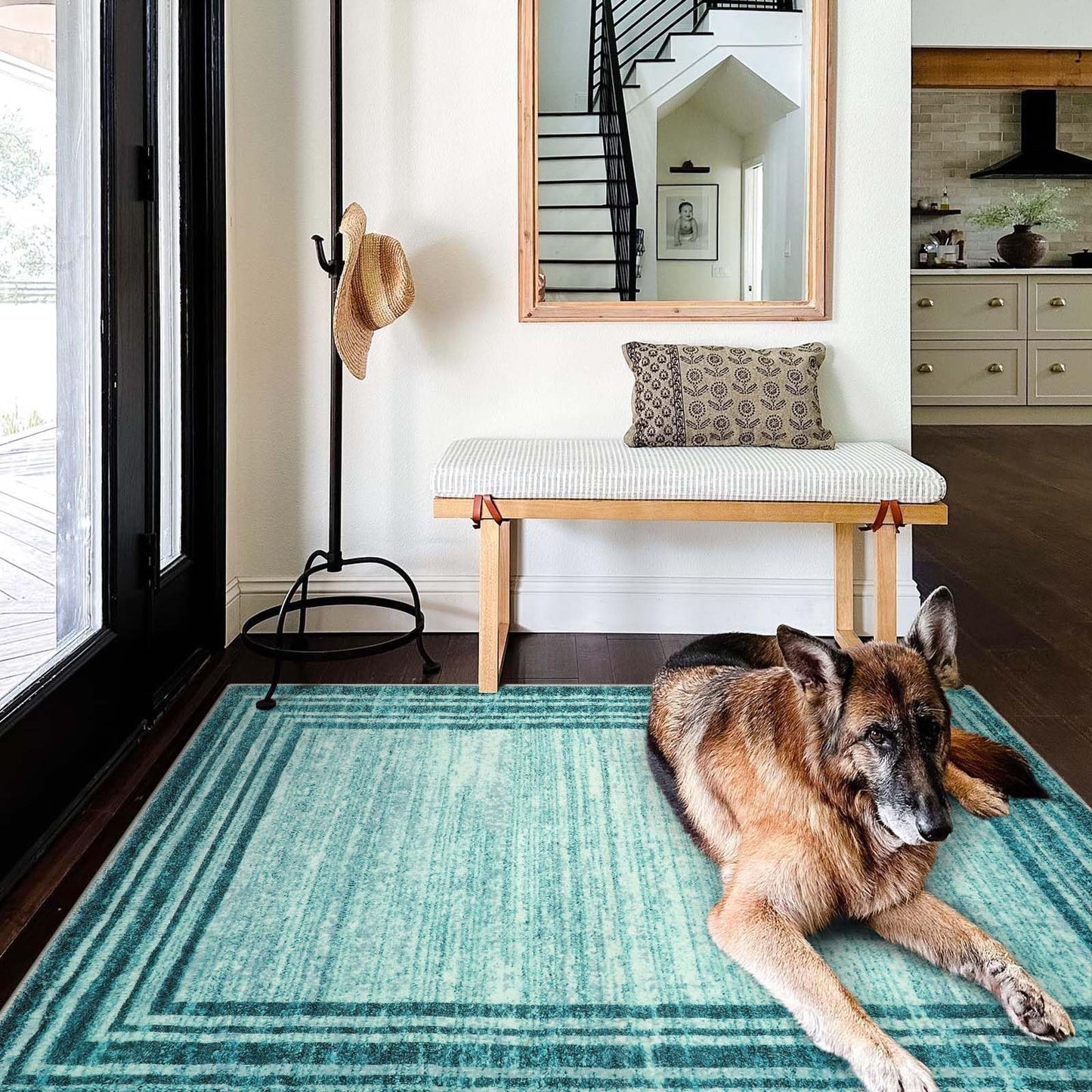 Lahome Modern Abstract Area Rug, Washable Teal 3x5 Kitchen Rugs Non Slip Large Entryway Rug Indoor, Low-Pile Soft Bathroom Mat Minimalist Throw Rug for Bedroom Living Room Stain Resistance