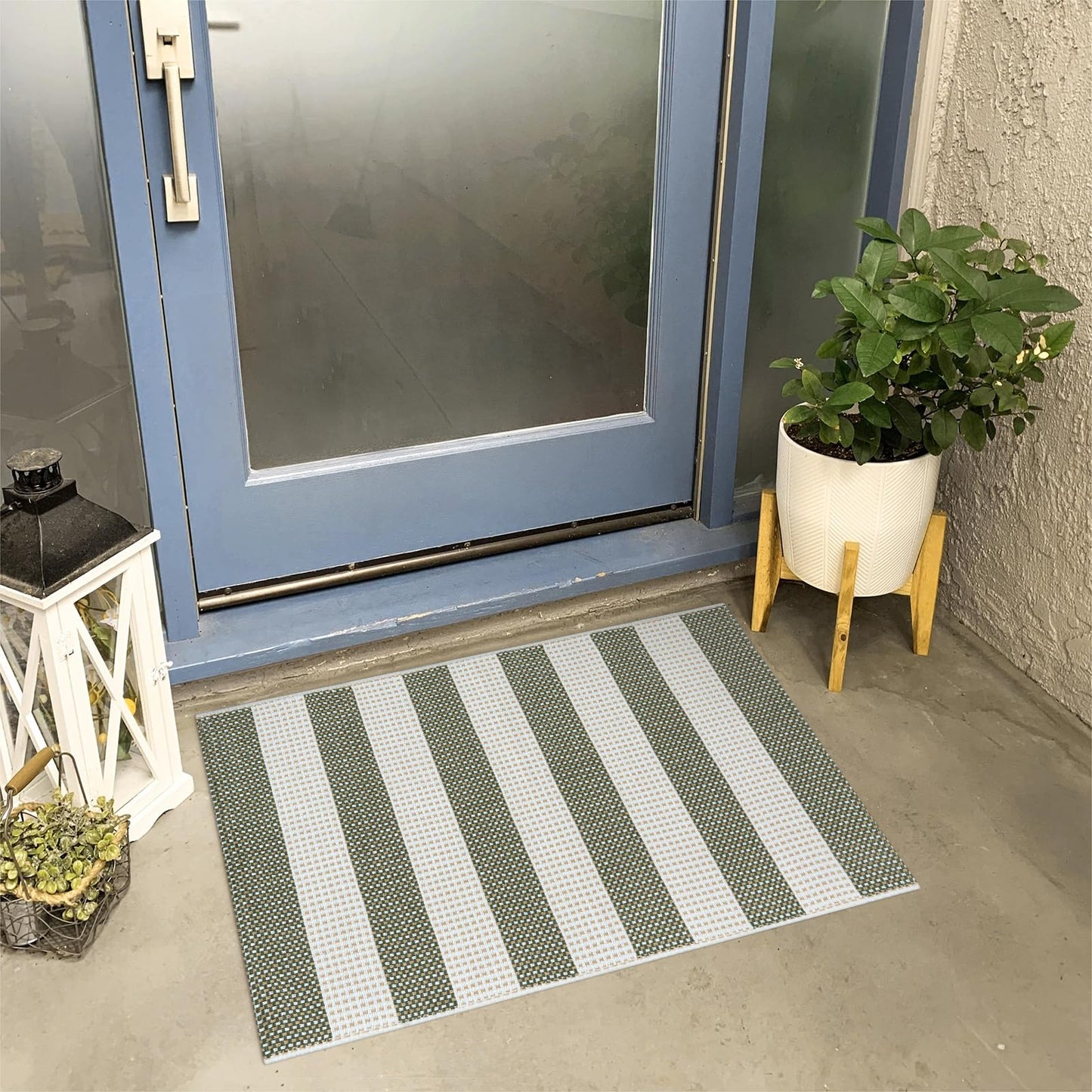 Sungea Green and White Striped Rug-2x3 Front Door Mat Outdoor,Washable Reversible Porch Rug Cotton Hand-Woven Spring Doormat, Foldable Layered Door Mats for Entryway/Farmhouse