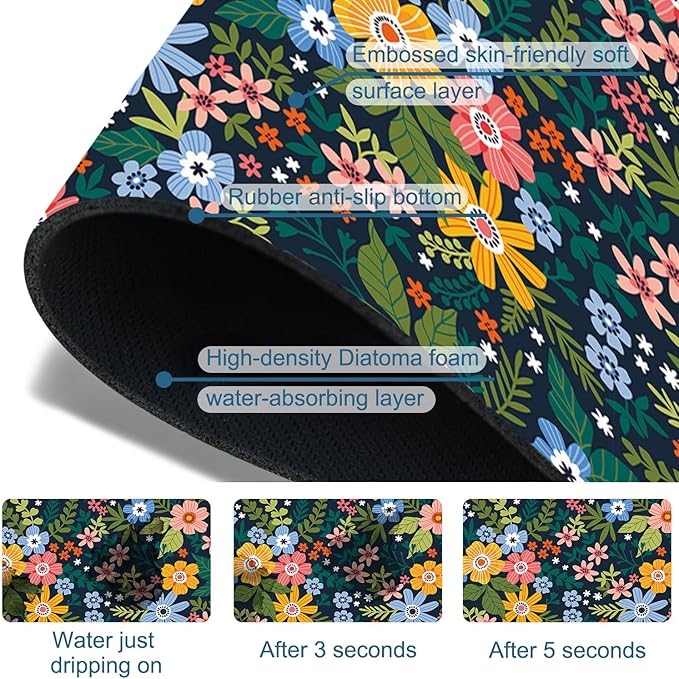 Colorful Flower Sink Splash Guard Faucet Mat Flowers Leaves Super Absorbent