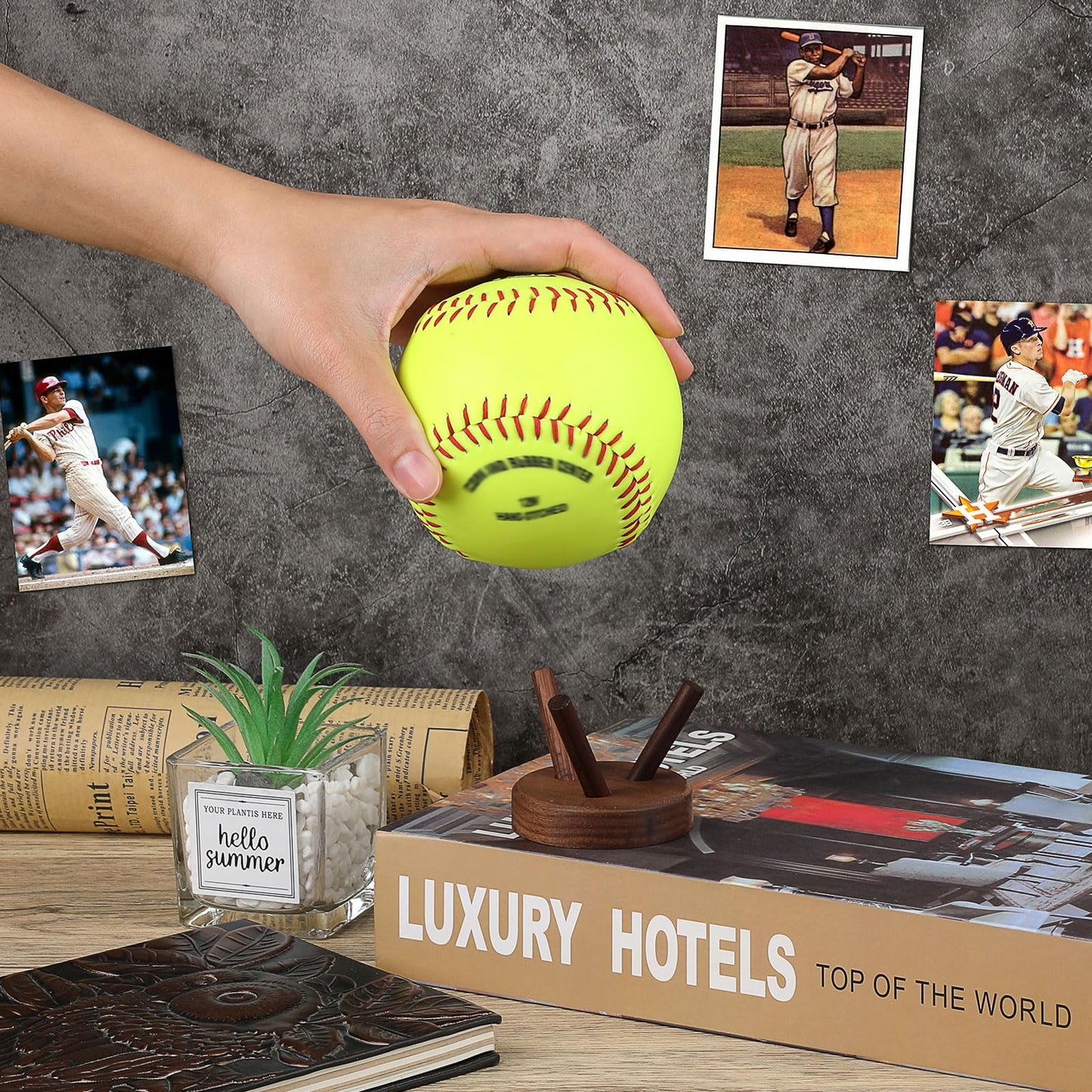 GUSHBIN Softball Holder Wooden Baseball Display Stand for Collector, Baseball Holder Small Sport Ball Display Rack for Softball Tennis Spheres,2 Inches Tall