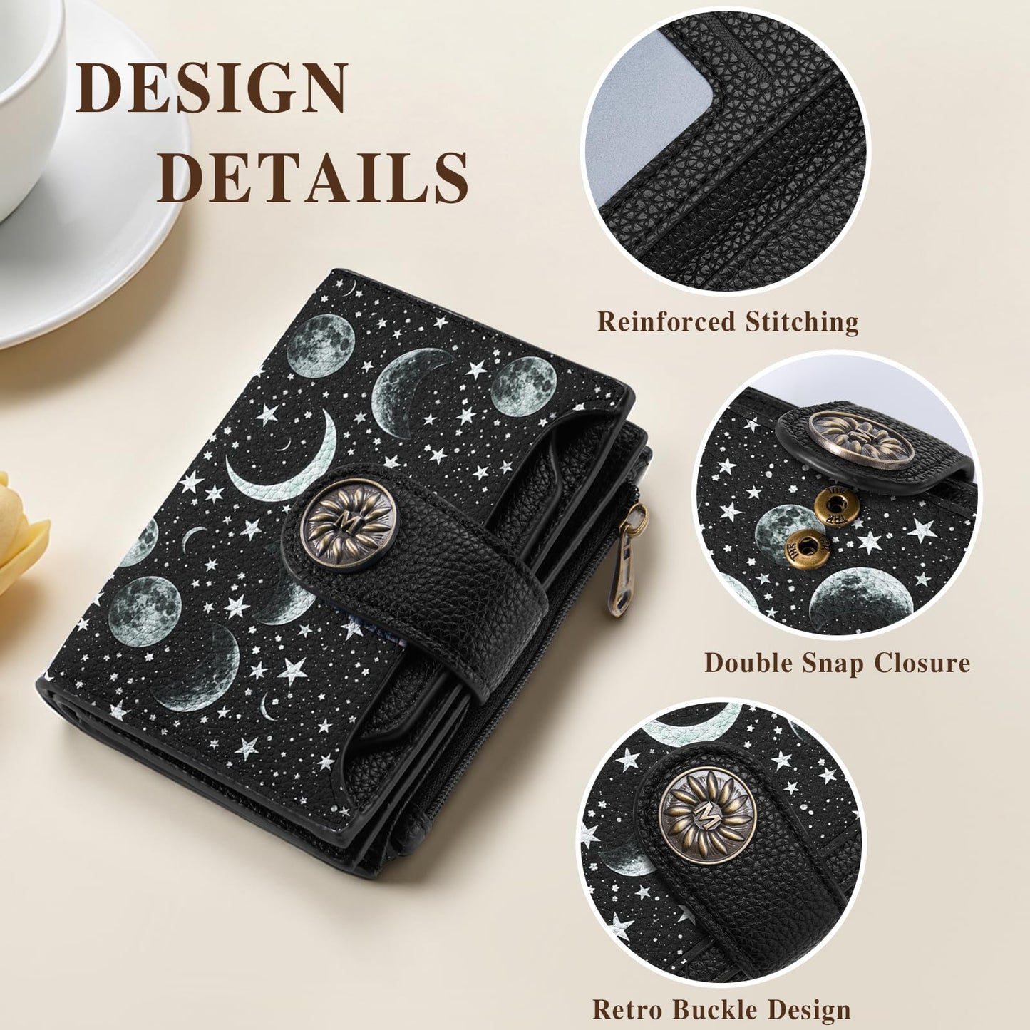 Mayski Celestial Moon Small RFID Wallet Women, PU Leather Bifold Zipper Coin Pocket Compact Cash Credit Card Holder Purse, Cute Travel Wallet for Female Ladies Teen Girls, 4 ID Window 14 Card Slots