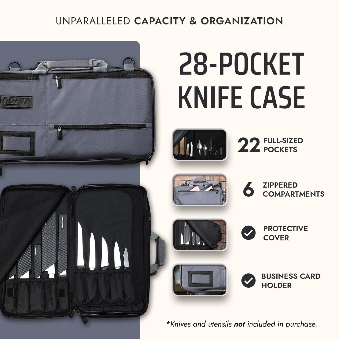 Asaya Chef Knife Bag - 28-Pocket Knives Carrying Case for Kitchen Tools and Utensils, Ballistic Nylon Chef Knife Roll Bag with Adjustable Shoulder Strap - Knives Not Included (Grey)
