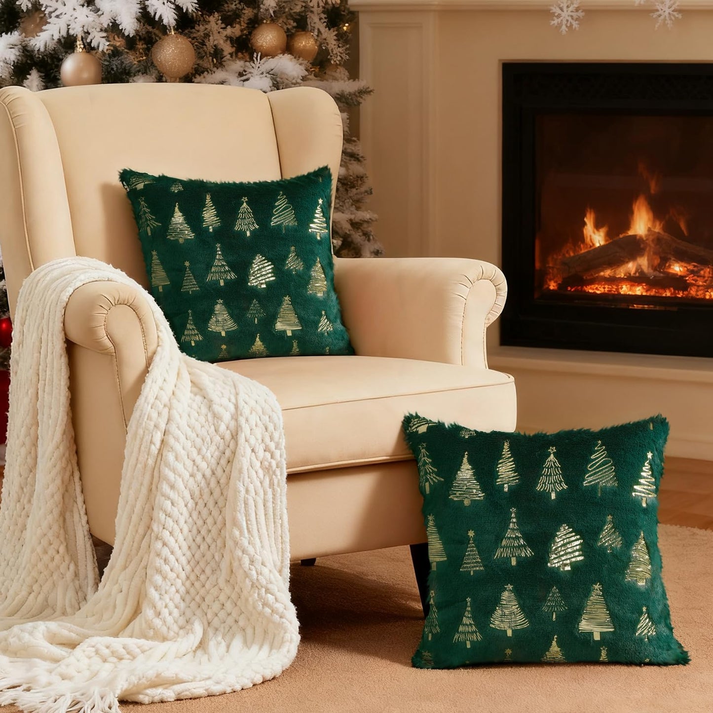 Artmag Christmas Tree Throw Pillow Covers 20x20 inch Set of 2, Decorative Golden Tree Pillow Covers Cushion Case Holiday Decoration for Home Couch Sofa