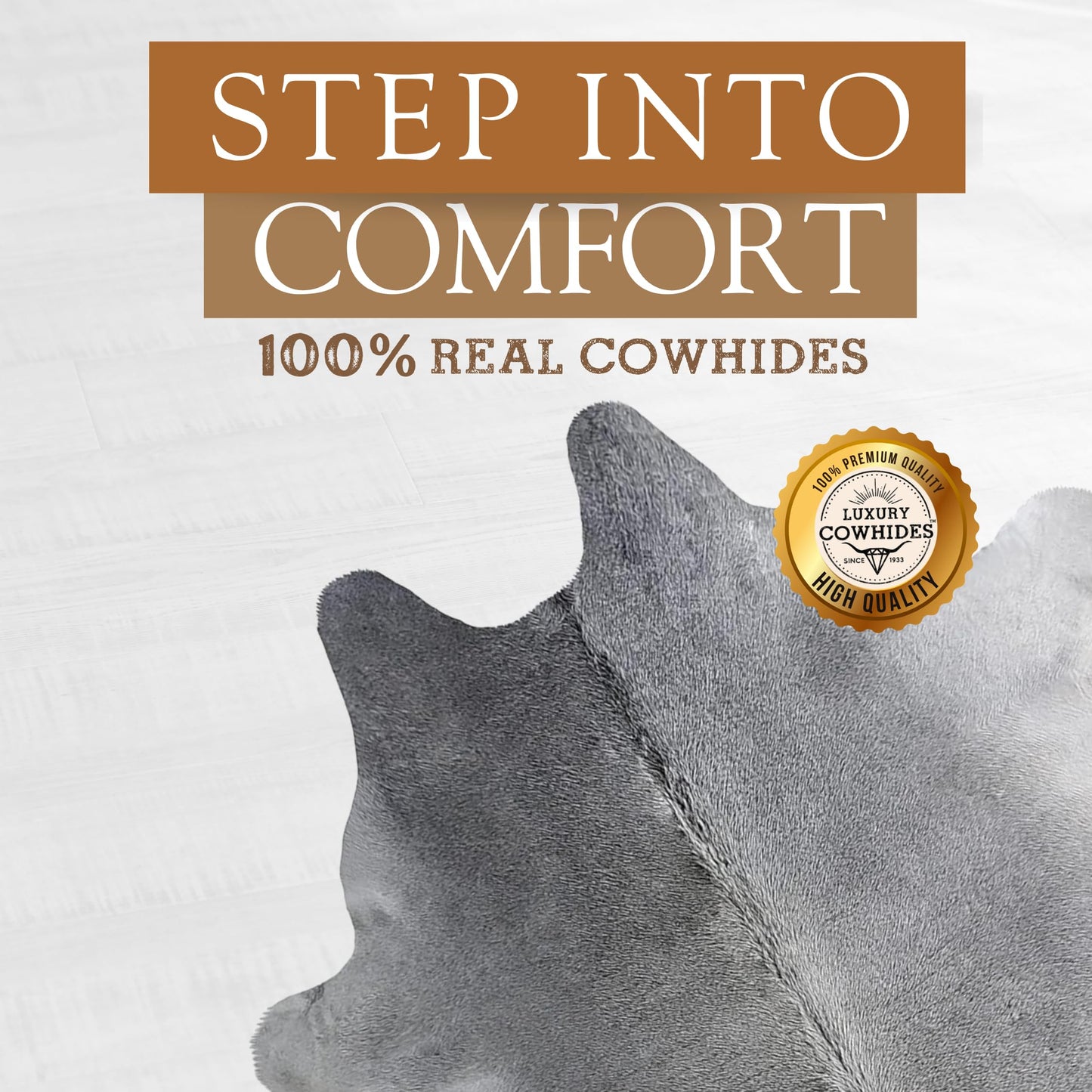 Sunshine Cowhides 100% Genuine Grey Cowhide Rug - Modern Style Animal Skin Rug & Floor Carpet for Living Room, Bedroom, Kitchen & More - Large (6x6-7ft)