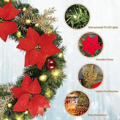 Solar Christmas Wreath 30 Inches Pre-Lit Solar 70 Led Artificial Wreath For Front Door Window Outdoor Christmas Decor with Poinsettias Golden Glitter Pine Branches Christmas balls(3003)
