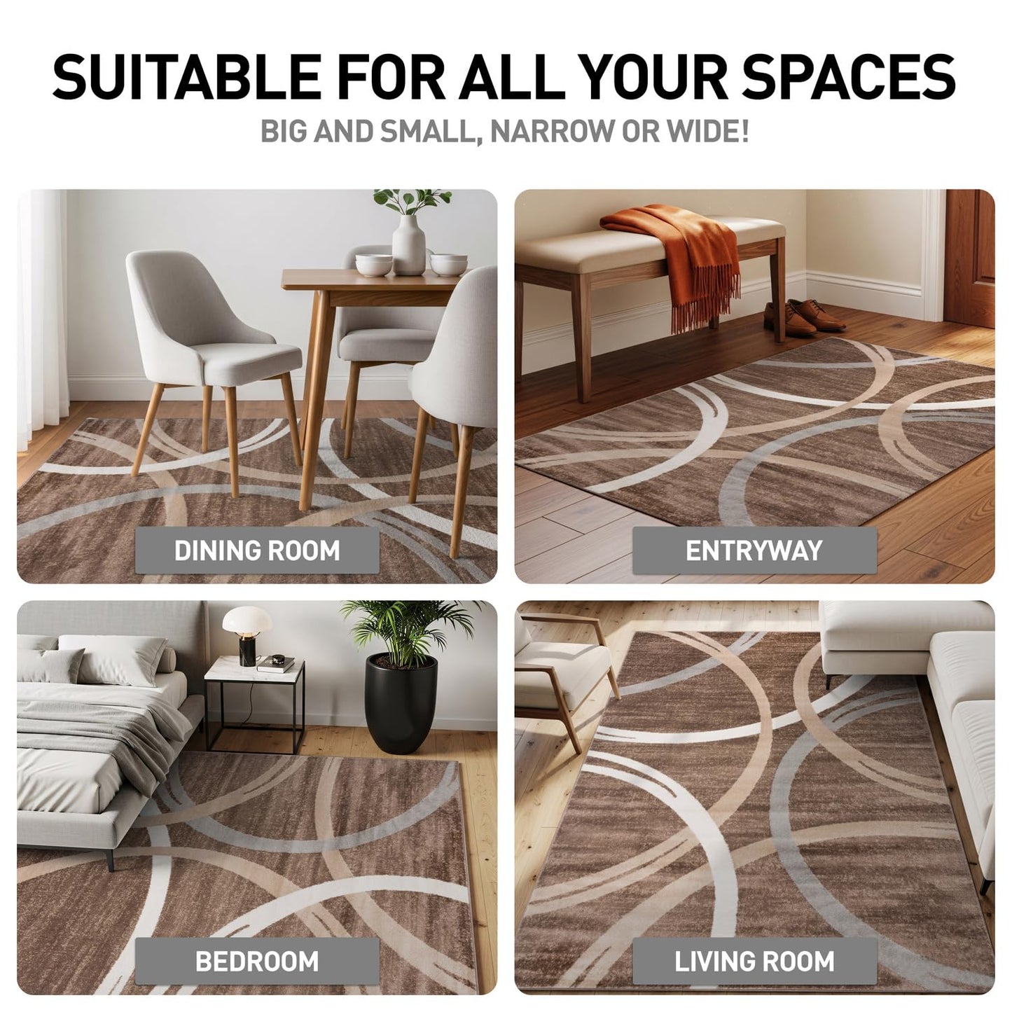 Rugshop Modern Wavy Circles Design Area Rug, Carpet with Jute Backing for Bedroom, Office, or Entryway, Brown, 4' x 6'