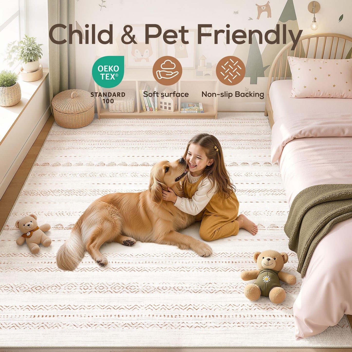 Nakagishi Area Rug Living Room Rugs: 5x7 Large Soft Machine Washable Boho Moroccan FarmNeutral Stain Resistant Indoor Floor Carpet for Bedroom Under Dining Table Home Office Decor-Cream Brown