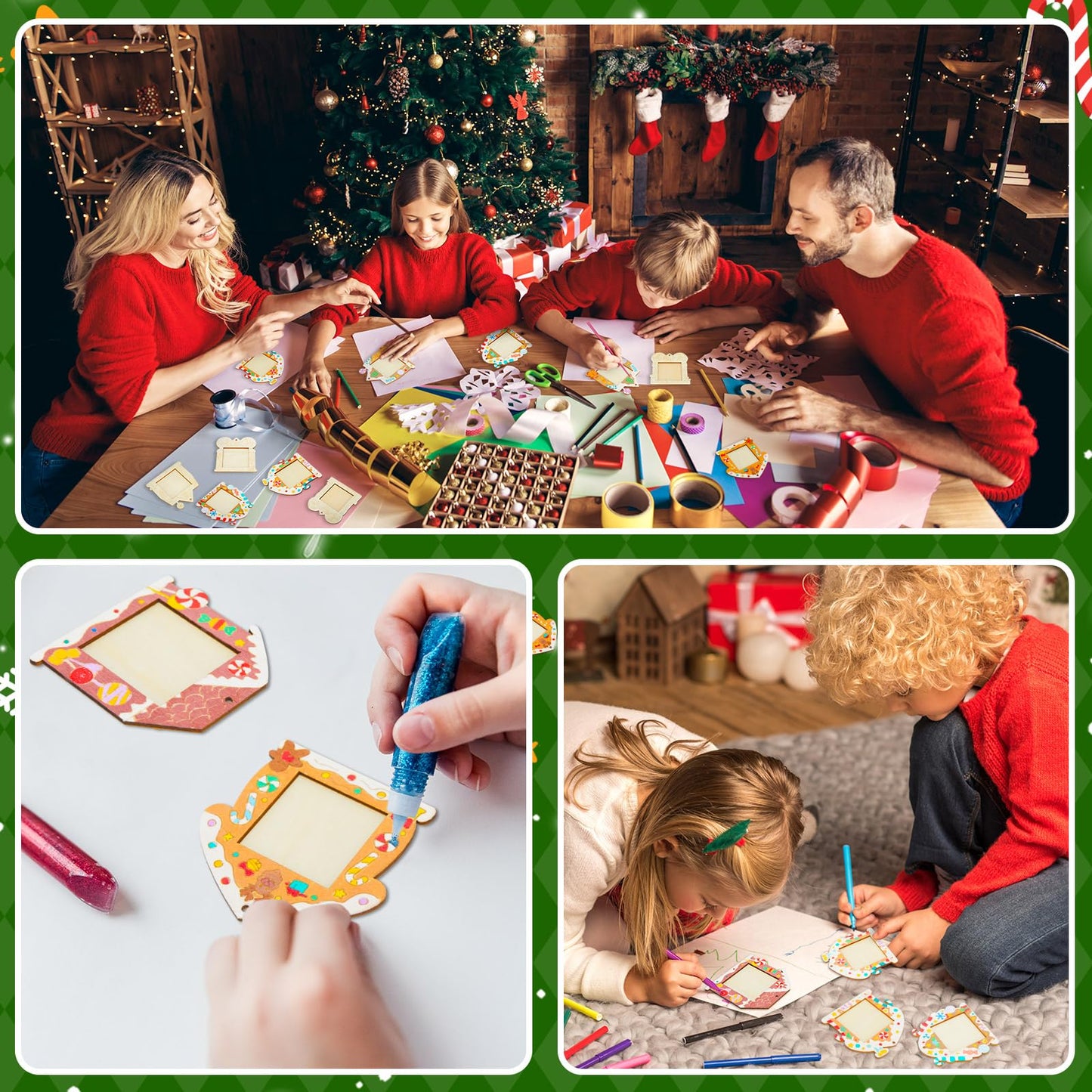 Thyle 12 Pcs Christmas Gingerbread House Picture Frame Ornaments Wooden DIY Craft Kits Xmas Tree Hanging Photo Frames Bulk for Christmas Party Winter Activities Home Decorations Gift