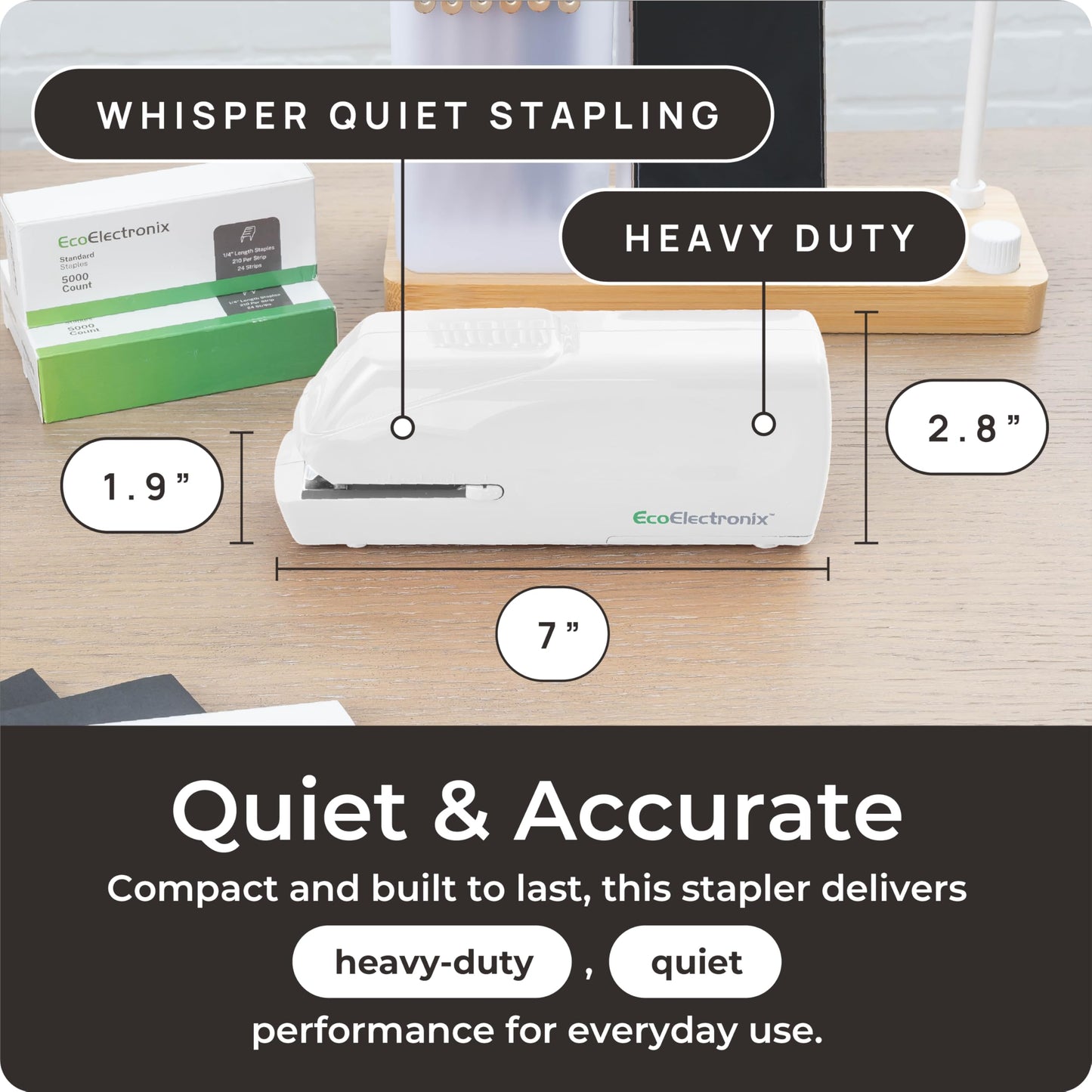 EcoElectronix Portable Automatic Electric Stapler Pro - 30 Sheet Capacity, Quiet Operation, Jam-Free and Easy Reload - AC Adapter/Battery Powered, (White)