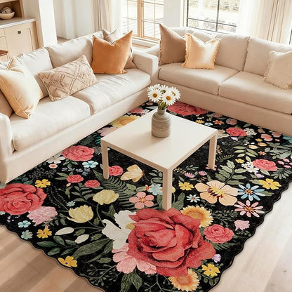 Washable Rugs for Living Room: 5x7 Area Rugs for Bedroom Soft Ultra Thin Stain Resistant Non Slip Low Pile Lightweight Vintage Floral Carpet for Dining Room Decor (Black)