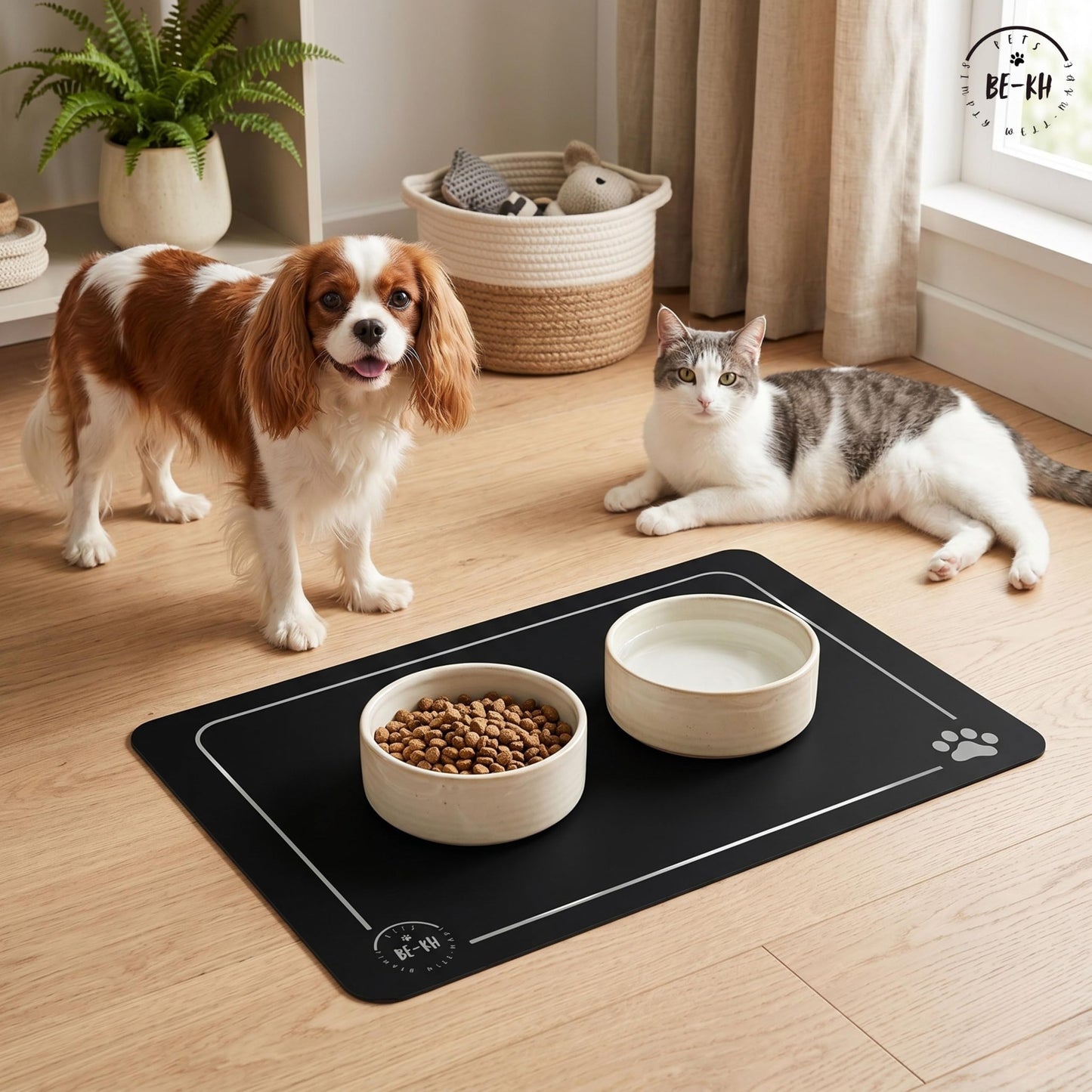 BE-KH Absorbent Pet Feeding Mat for Dogs & Cats, Quick Dry Dog Bowl Mat for Food and Water, Ultra-Thin, Non-Slip Rubber & Polyester, Waterproof & Machine Washable, Classic Paws, 24x16 in (60x40 cm)
