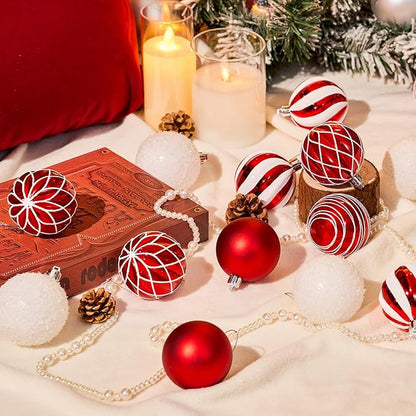 JORNOY Christmas Balls Ornaments, 30ct Shatterproof Xmas Tree Decorations, Hanging Bulbs Baubles Set with String for Holiday Home Party Decor, 2.36 inch/60mm, Red&White