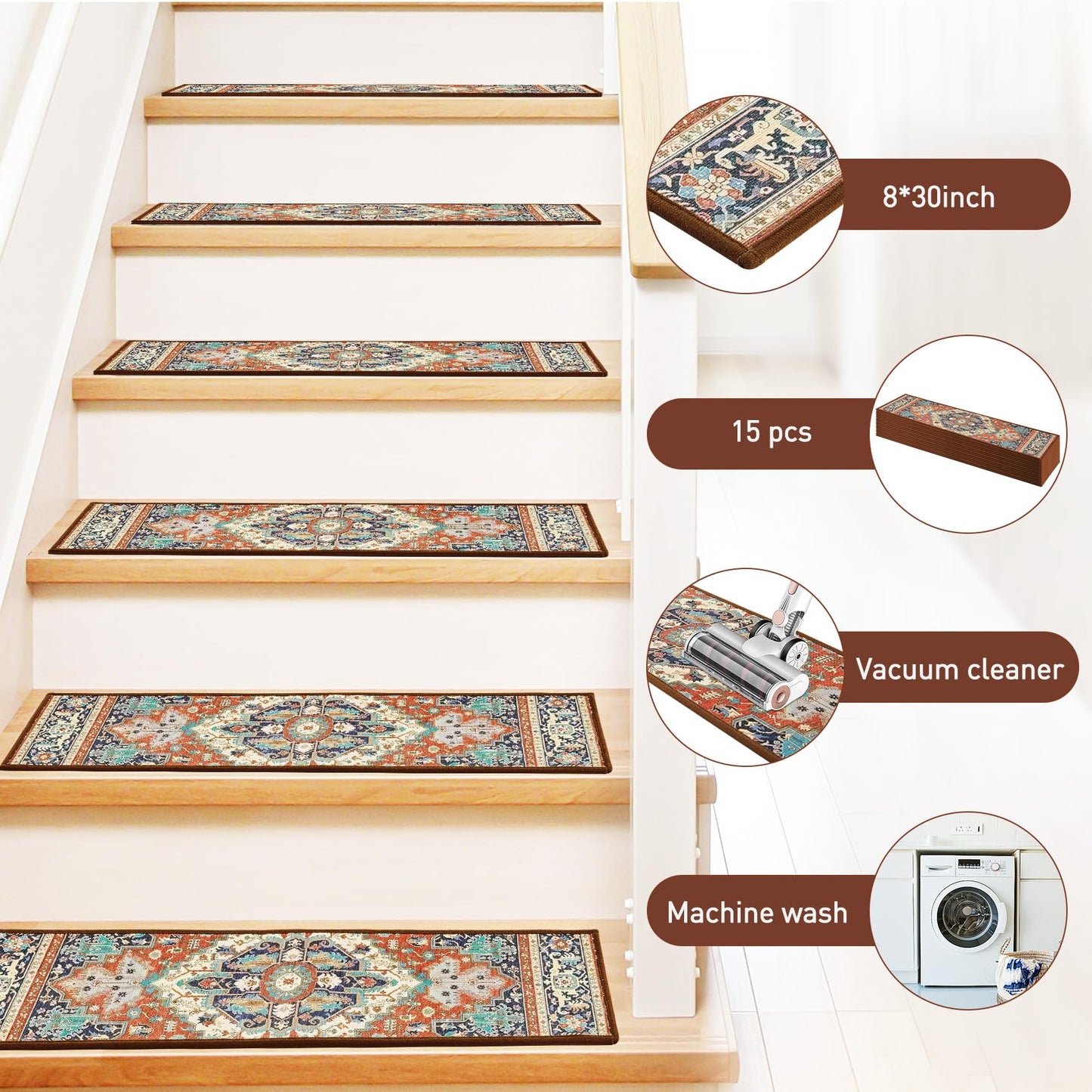 Stair Treads for Wooden Steps Indoor, 15 Pack 8" X 30" Non Slip Carpet Stair Treads with Reusable Adhesive for Kids Elders and Dogs, TPR Backing Stair Rugs Oriental Staircase Step Treads,Bohemia