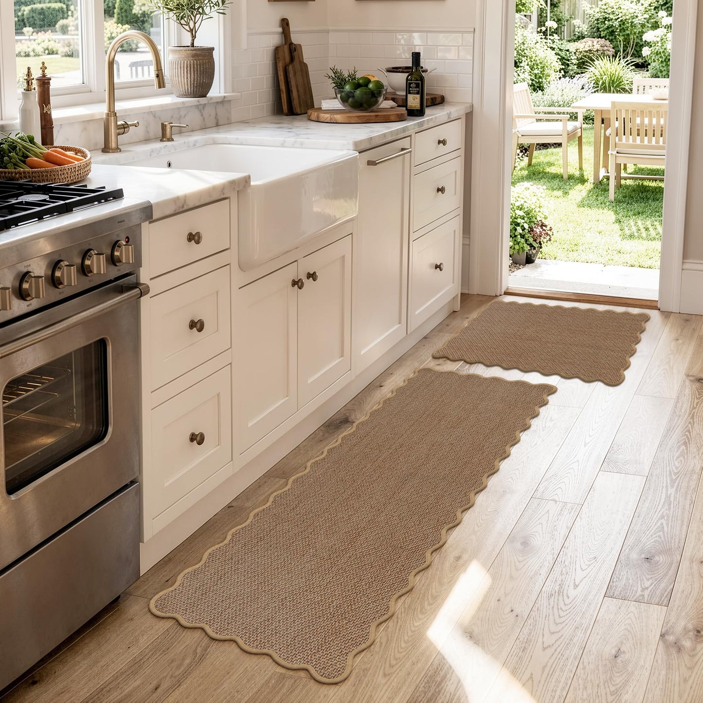 KIMODE Kitchen Rugs and Mats Set of 2,Scalloped Kitchen Mats for Floor,Non Slip Washable Farmhouse Kitchen Runner Rug,Absorbent Braided Kitchen Sink Mats for Kitchen Decor,17"x29"+17"x47",Brown