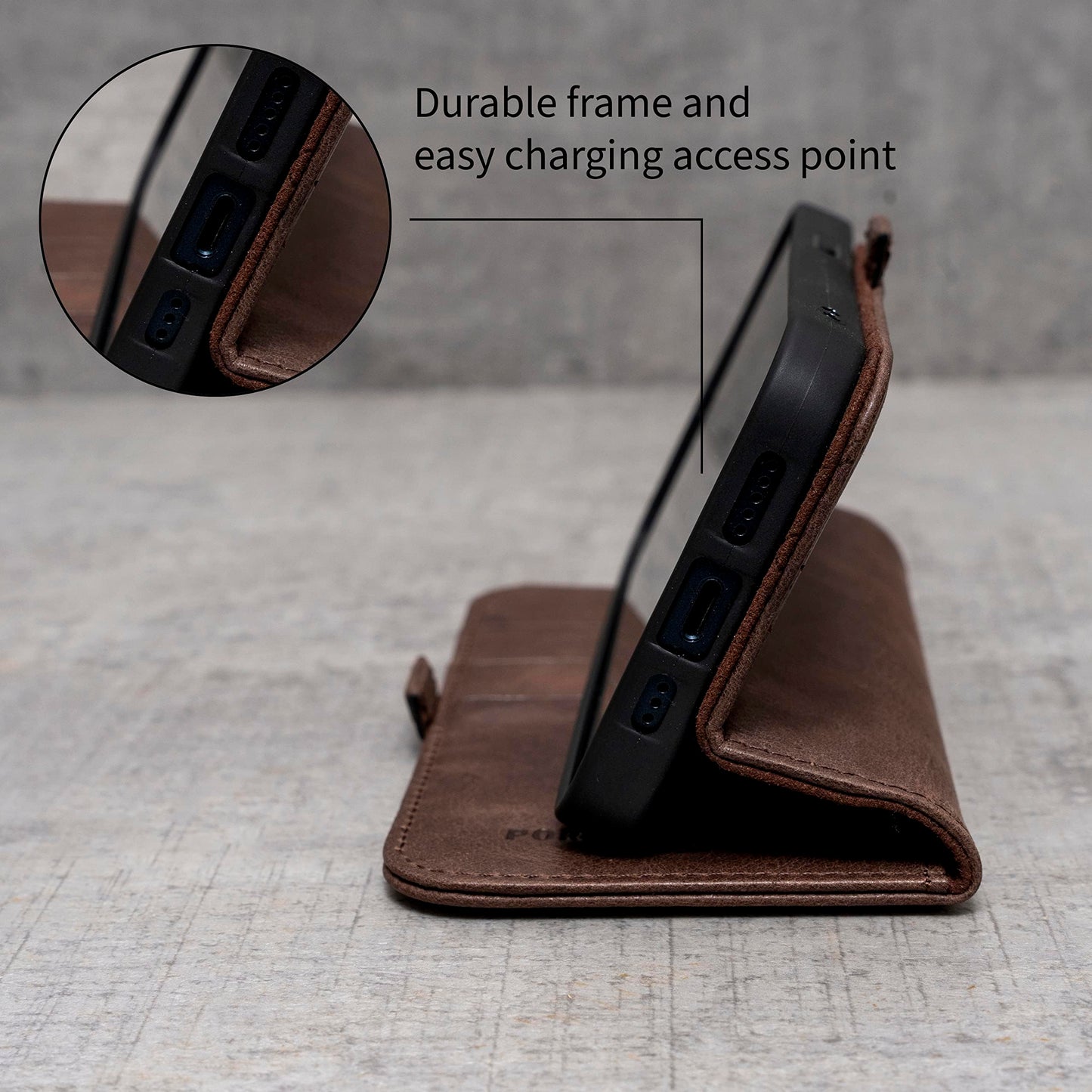 Porter Riley - Leather Case Compatible with iPhone 17. Premium Genuine Leather Stand/Cover/Wallet/Flip Case with Card Slots & Horizontal Stand (Chocolate Brown)