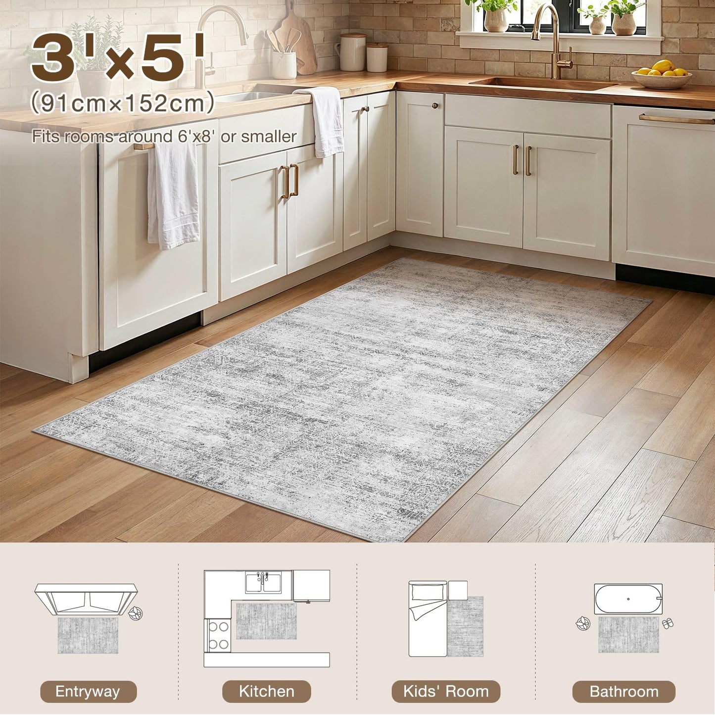 ELLIUNE 3x5 Area Rugs Living Room: Washable Non Slip Soft Abstract Gray Rugs for Bedroom Dining Deor, Low Pile Stain Resistant Indoor Carpet for Farmhouse Nursery Office Kid & Pet Friendly