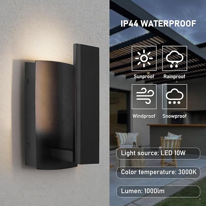 LamQee Modern Outdoor Wall Lights For House LED Integrated, Aluminum Outdoor Porch Light Fixture Wall Mount, 3000K 10W Exterior Wall Sconce Lighting Patio Front Door Garage Indoor, 2 Pack, Matte Black