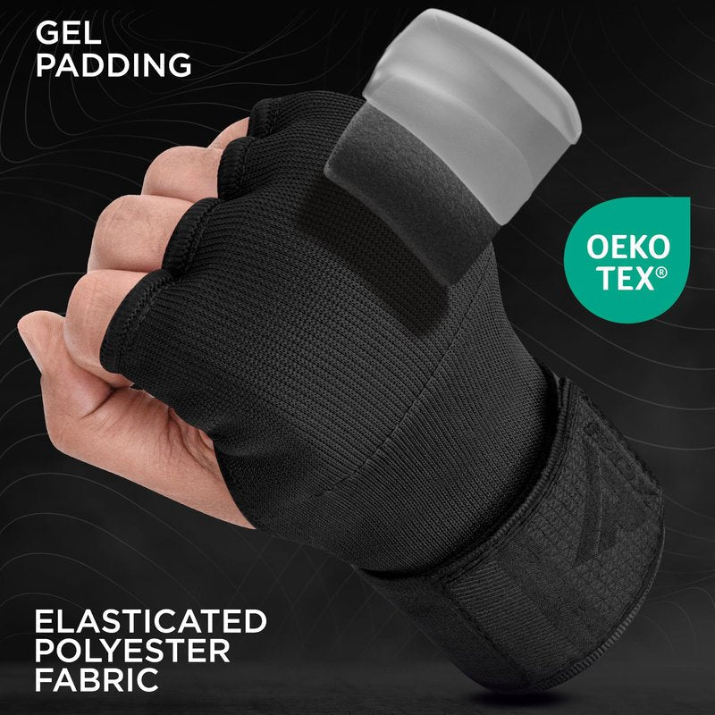 RDX Gel Boxing Hand Wraps Inner Gloves Men Women, Quick 100cm Long Wrist Straps, Elasticated Padded Fist Under Mitts Protection, Muay Thai MMA Kickboxing Martial Arts (Full Black, XL)