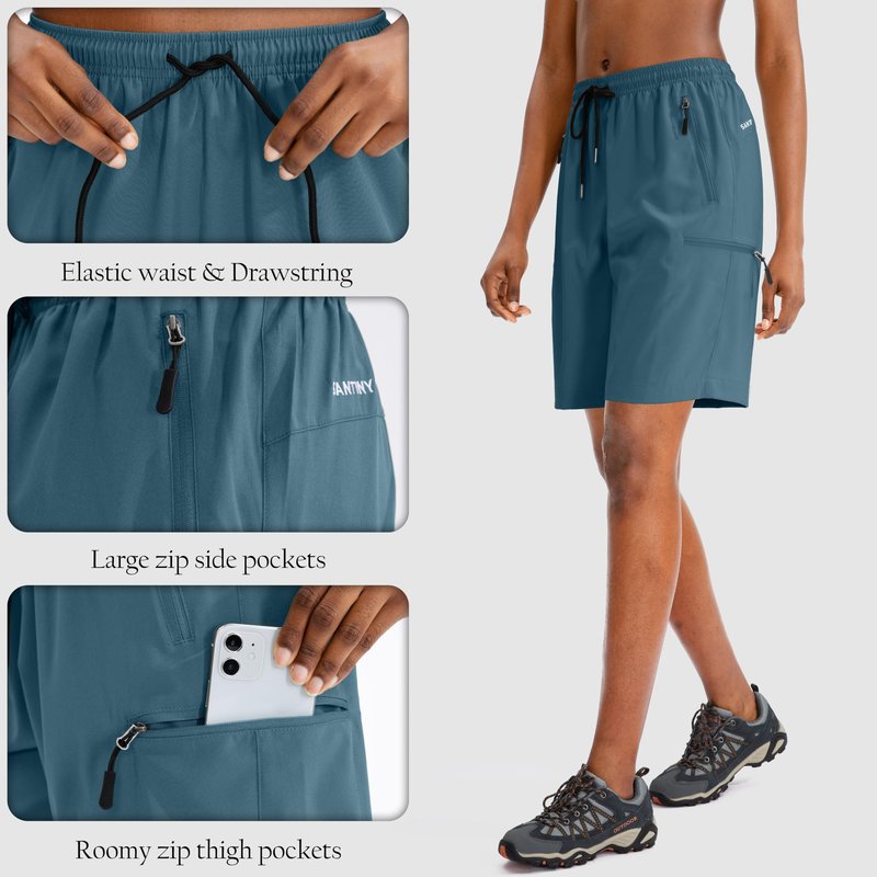 SANTINY Women's 5''/ 7''/9'' Hiking Cargo Shorts Quick Dry Lightweight Summer Shorts for Women Athletic Golf Zipper Pockets(Dusty Blue_XXL)