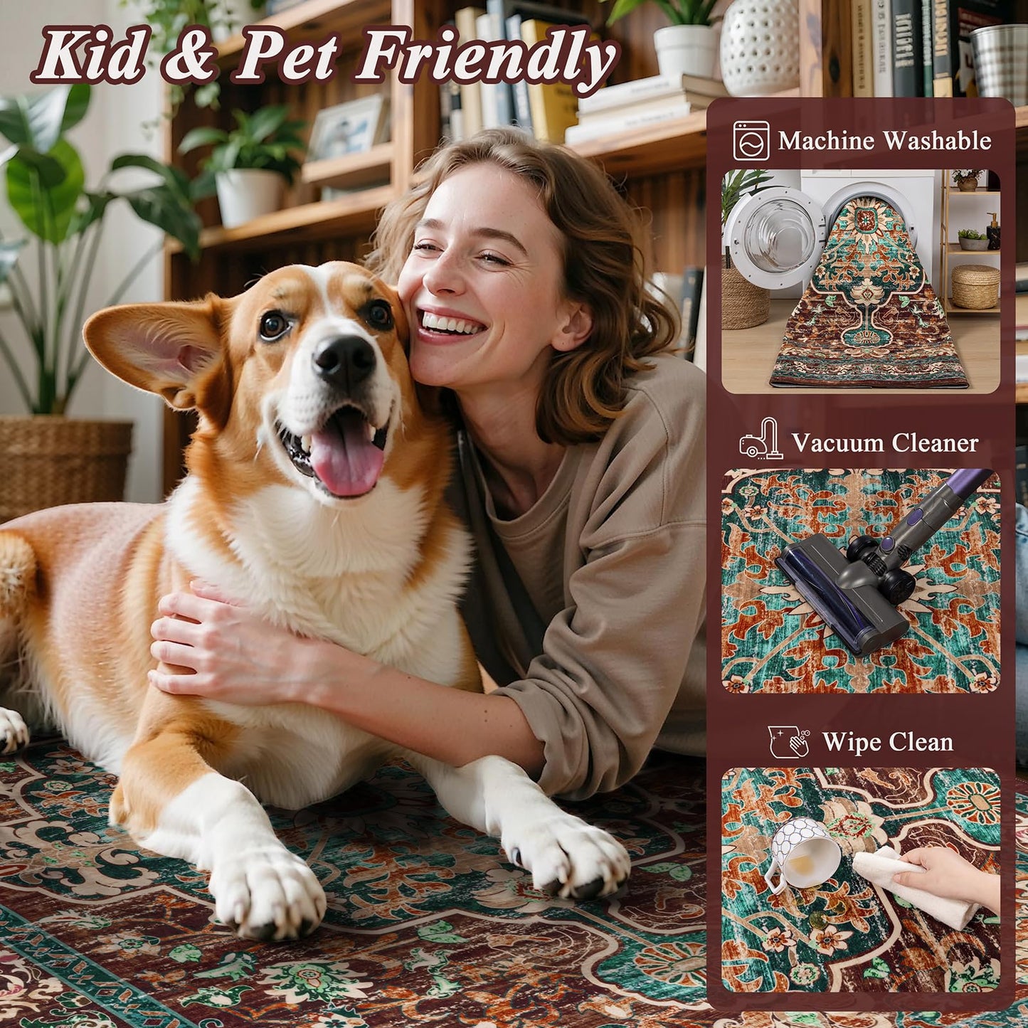 U'Artlines Boho Vintage Area Rug 5x7 Machine Washable Low Pile Ultra-Thin Soft Floor Carpet Non Slip Non Shedding Accent Rug for Living Room Bedroom Entryway Dining Room Office(Rust＆Teal)