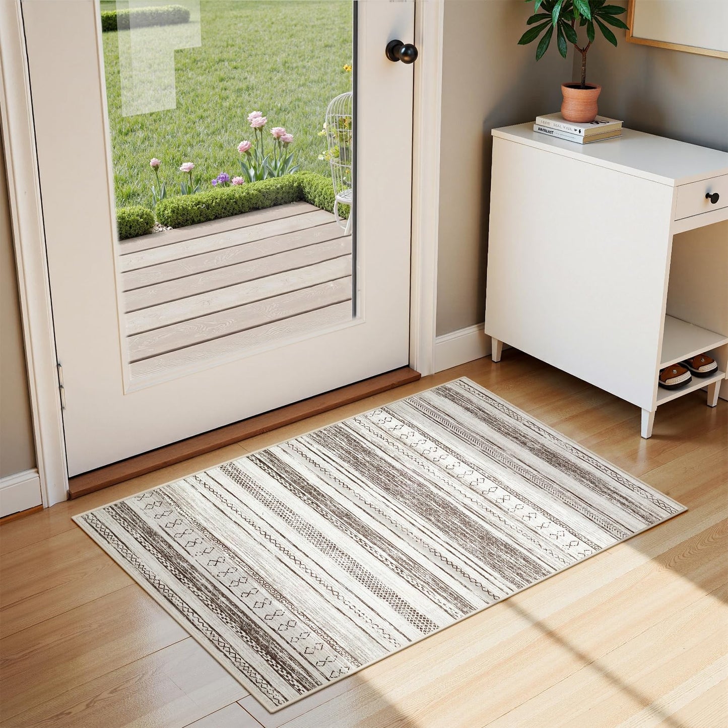 Tortania Area Rug Living Room Rugs - 2x3 Washable Soft Neutral Boho Moroccan Farmhouse Mat Indoor Floor Carpet for Bedroom Under Dining Table Home Office Decor - Cream Brown