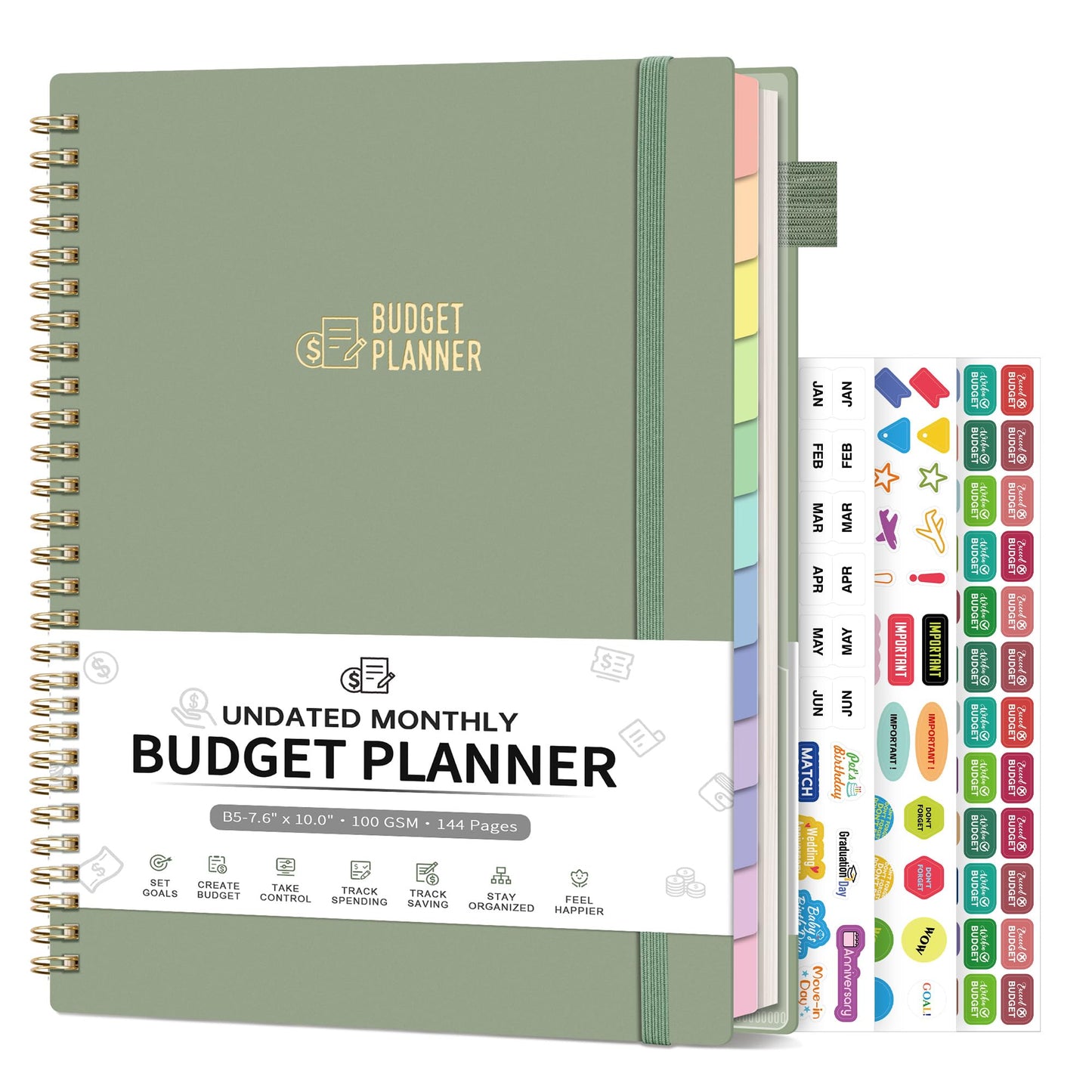 Budget Planner - Monthly Budget Book for Daily Expense Tracking, Business, Debt, Savings, B5 (7.3" x 10.15") Undated Financial Planner with Colorful Tabs Manages Your Money Effectively, Light Green