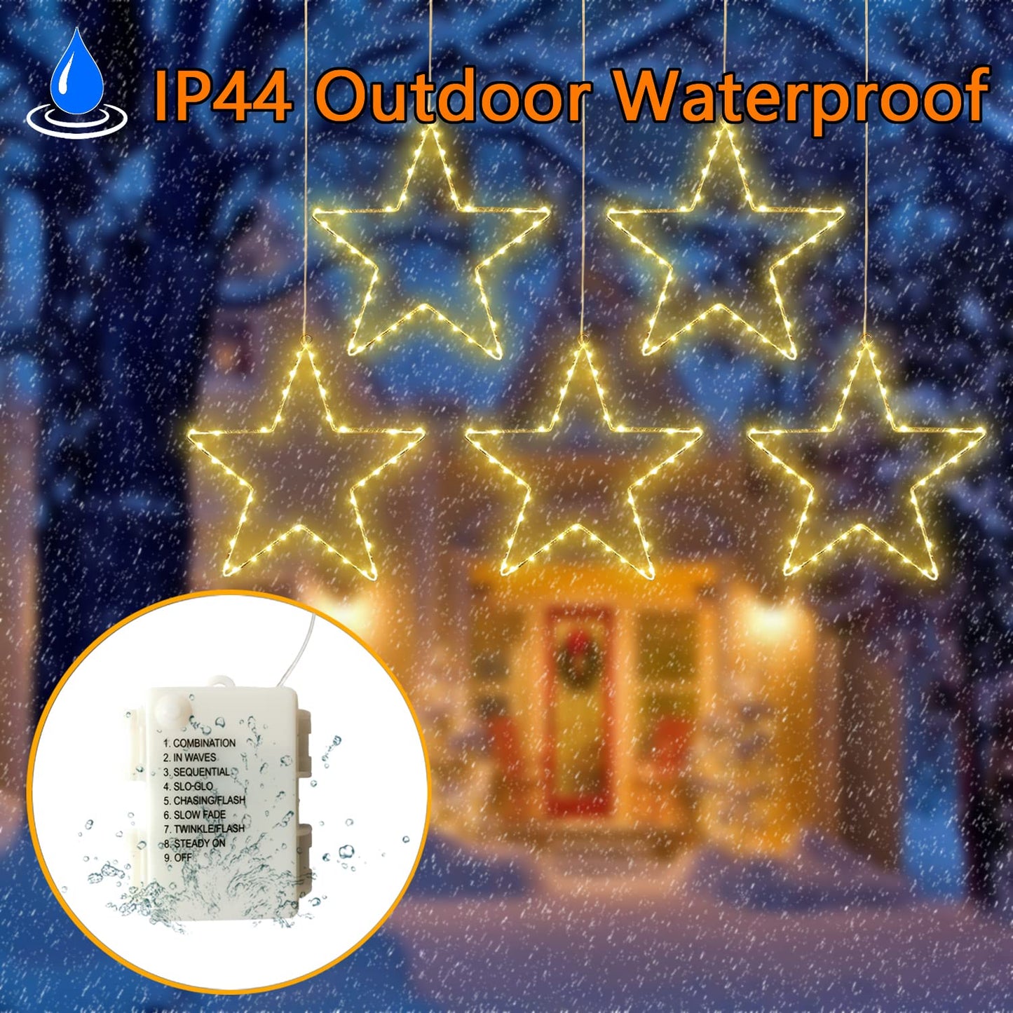 wominoy LED Christmas Window Star Decoration - 5 Pack 200 Hanging Star Lights Battery Operated 8 Modes with 5 Remote Controls for Indoor, Outdoor Christmas Window Decorations, Porch, Warm White