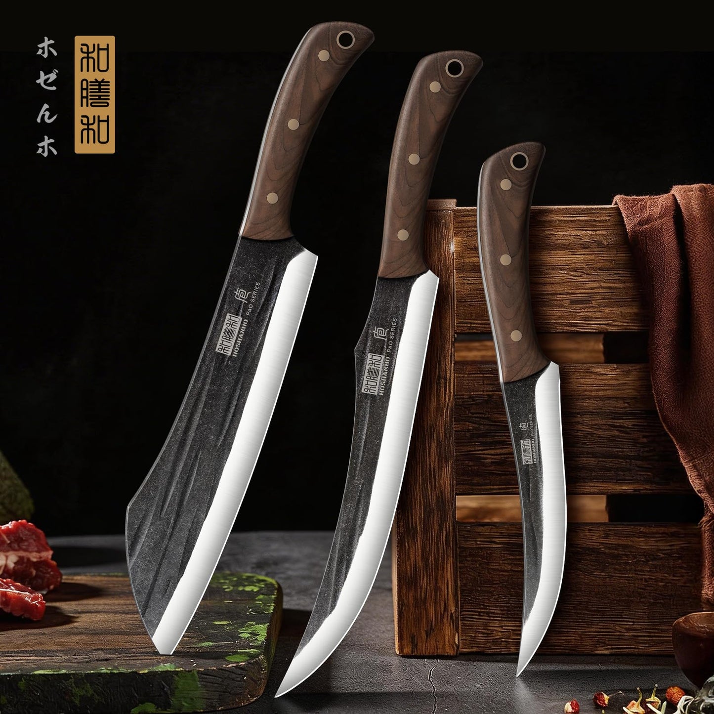 HOSHANHO Butcher Knife Set, 3-Piece Ultra Sharp Kitchen Knife Set, Hand Forged High Carbon Steel Meat Cleaver Knife & Slicing Knives & Boning Knives for Home & Camping & BBQ Gift with Men