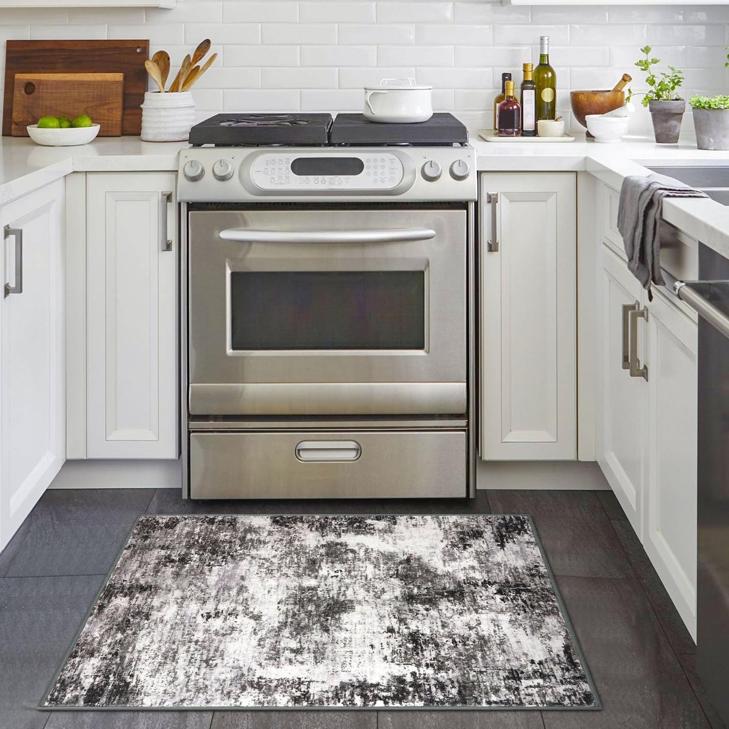 Lansny Modern Abstract Entryway Rug Indoor 2x3 Washable Non-Slip Soft Black Grey Small Area Rug Kitchen Mat Thin Print Faux Wool Floor Carpet for Entrance Bedroom Office
