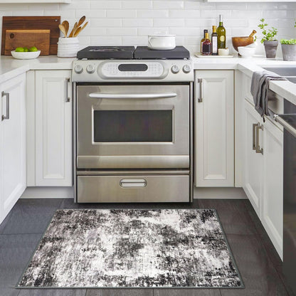 Lansny Modern Abstract Entryway Rug Indoor 2x3 Washable Non-Slip Soft Black Grey Small Area Rug Kitchen Mat Thin Print Faux Wool Floor Carpet for Entrance Bedroom Office