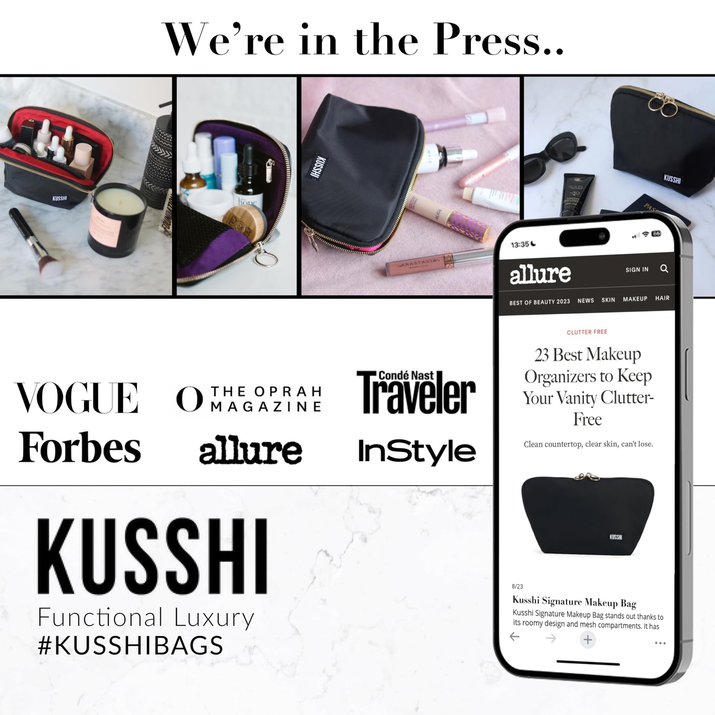 KUSSHI Washable Travel Makeup Bag for Purse (Everyday, Candy Apple Red/Pink)