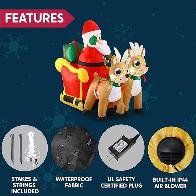 Joiedomi 6 FT Long Christmas Inflatable Santa on Sleigh with 2 Reindeer, Inflatable Christmas Yard Decorations with Build-in LED, Blow Up Xmas Decorations Outdoor for Party Yard Garden Lawn Décor