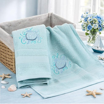 2 Pcs Sea Turtle Floral Hand Towels Pastel Blue Bathroom Decor 14x29 Inch