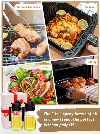 Oil Sprayer for Cooking 2pcs,2 in 1 Oil Dispenser and Oils Sprayer Kitchen Gadgets-16oz Glass Oils Spray Bottle,Mist Olive OilDispenser,Air Fryer,Salad,Grill (White Kitchen Accessories)