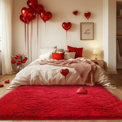 Red Fluffy Area Rug for Bedroom: Soft Plush Rugs for Living Room & Kids Room - Shaggy Carpet for Valentine's Day Decor