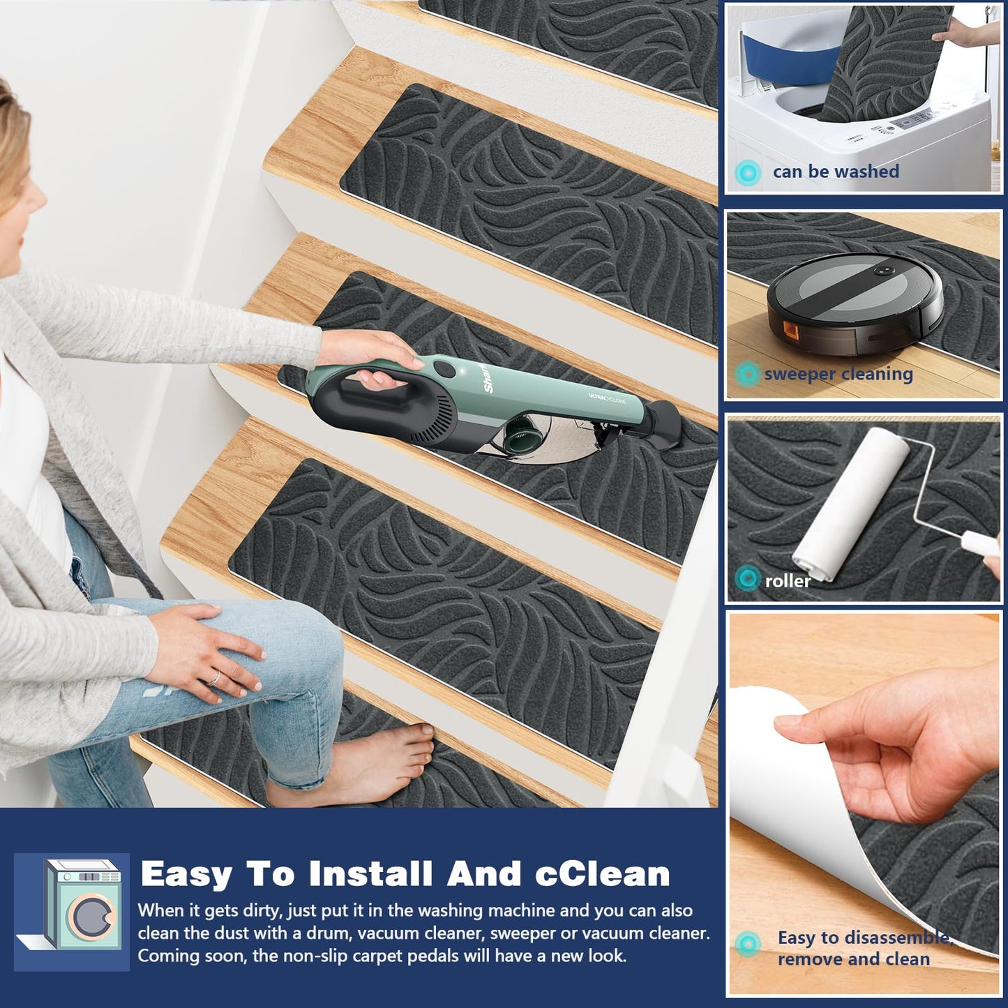 JAYFAN Non-Slip Stair Treads Mat Carpet for Wooden Steps(7/15 Pack), 21.6 x 7.4IN Self-Adhesive, Safety Indoor Stair Runner Mats, Anti Slip Stair Treads for Kids Elders and Dogs Pets