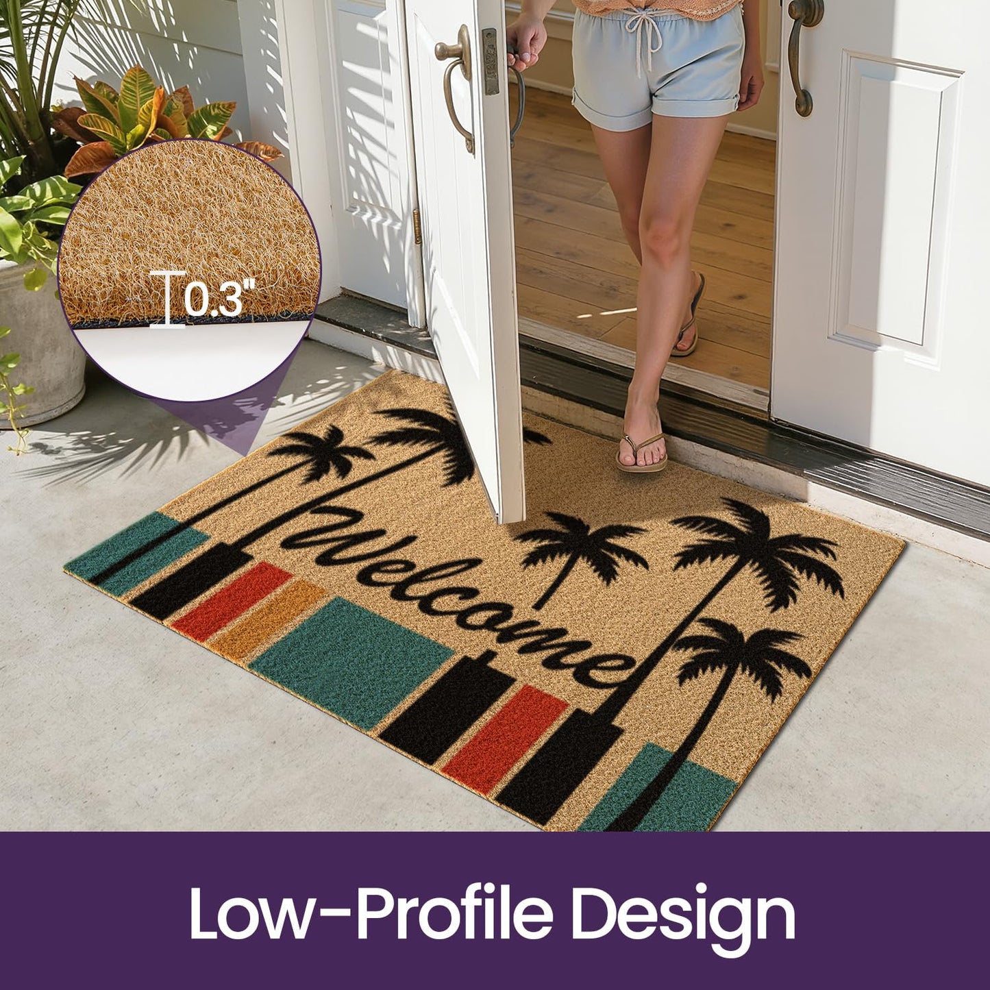DEXI Front Door Mat Outside Entrance, 32x48 Heavy Duty Welcome Entry Summer Tropical Plant Doormat, Non Slip Entryway Floor Dirt Trapper for Porch Patio, Coconut Tree