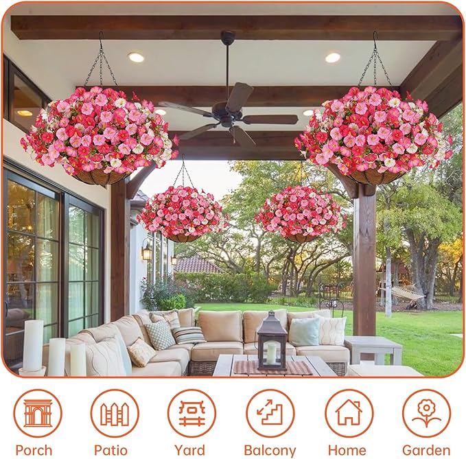 Florielle Artificial Hanging Faux Flowers Basket, Fake Silk Petunias Plants Arrangement,for Spring Summer Outdoor Decoration,UV Resistant, Morning Glorias,for Home Garden Decor (Dark Pink&White)