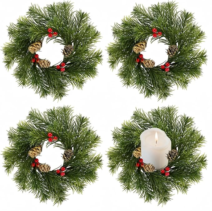 4 Pcs 9'' Christmas Candle Rings Wreaths, Artificial Small Wreath with Red Berry Pinecone for Table top Centerpiece Candle Holder