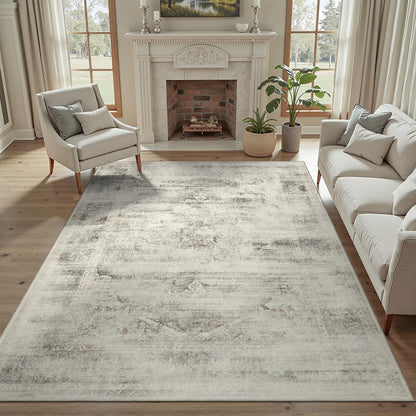 DCX 5x7 Vintage Rug, Machine Washable Stain Resistant Distressed Beige Rug, Kid & Pet Friendly with Rubber Back Non Slip Soft Low Pile Large Carpet for Living Room, Bedroom, Home Office