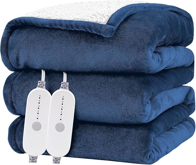 HYLEORY Heated Electric Blanket Queen 84"x90" Soft Fleece & Flannel with 5 Heating Levels & 10 Hours Timer Auto Shutt Off, ETL Certified, Washable，Heated Blanket for Body-Navy