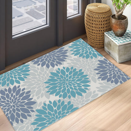 Cryomitron Teal Daisy Floral Area Rug 2x3 Blue and Grey Floral Summer Decorative Front Door Mat Rustic Flower Non-Slip Low Pile Doormat Washable Entryway Rug for Bathroom Living Room Bedroom